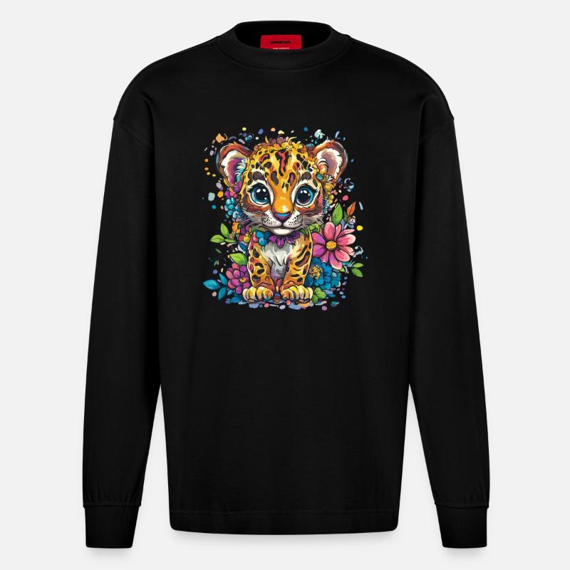 Petit léopard à fleurs - Manches longues bio épais oversize fabriqué en UE - SOLID BLACK