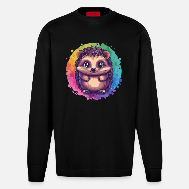 Bunter Igel vor Regenbogen - Heavyweight Oversized Organic Langarmshirt Made in EU - SOLID BLACK
