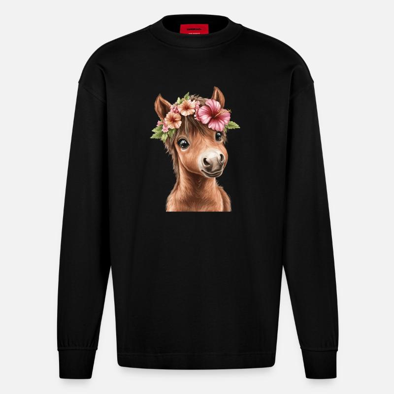 Flower pony with wreath - Heavyweight Oversized Organic Longsleeve Shirt Made in EU - SOLID BLACK