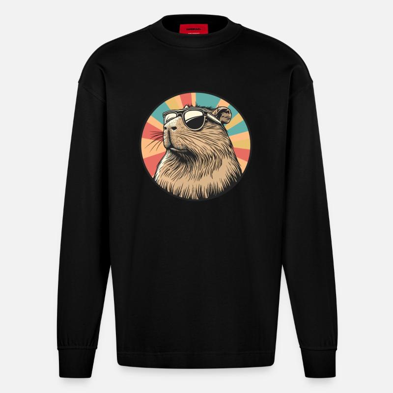 Rétro Capybara Coolness - Manches longues bio épais oversize fabriqué en UE - SOLID BLACK