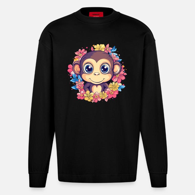 Fröhlicher Affe mit Blumen - Heavyweight Oversized Organic Langarmshirt Made in EU - SOLID BLACK