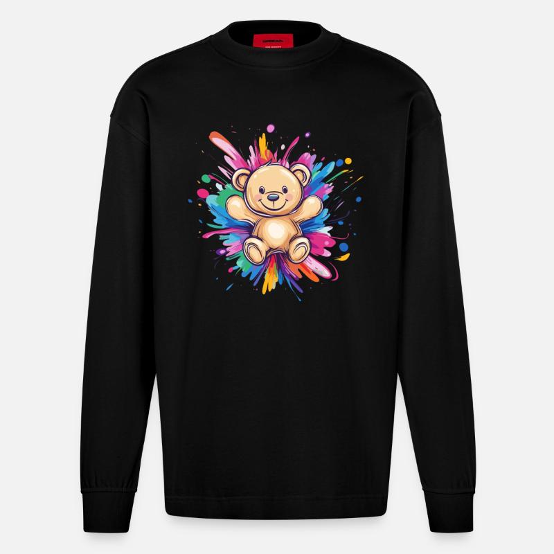 Teddybär Farbexplosion - Heavyweight Oversized Organic Langarmshirt Made in EU - SOLID BLACK