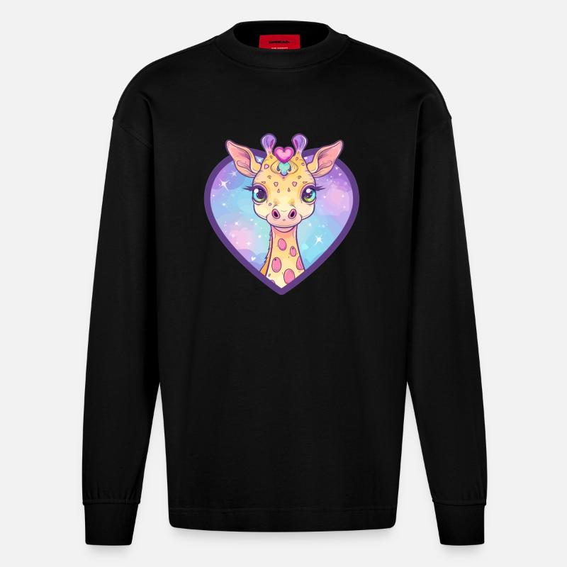Herzgiraffe mit Glitzerblick - Heavyweight Oversized Organic Langarmshirt Made in EU - SOLID BLACK