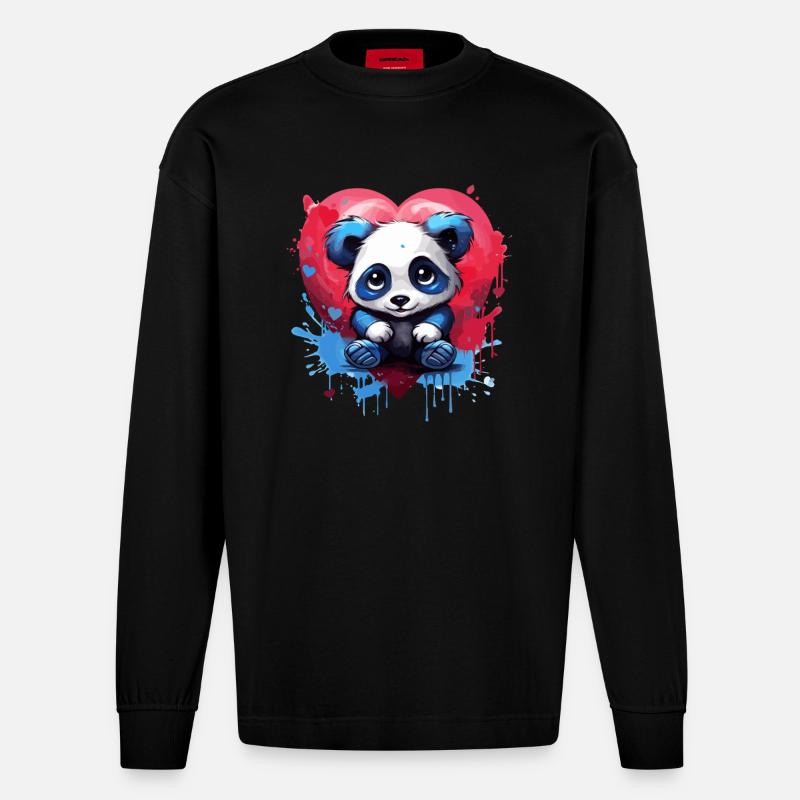 Panda mit Herz-Hintergrund - Heavyweight Oversized Organic Langarmshirt Made in EU - SOLID BLACK