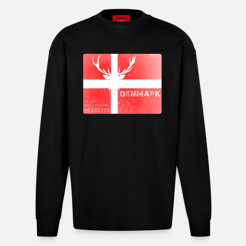 Danemark faune Drapeau Cerf - Manches longues bio épais oversize fabriqué en UE - SOLID BLACK