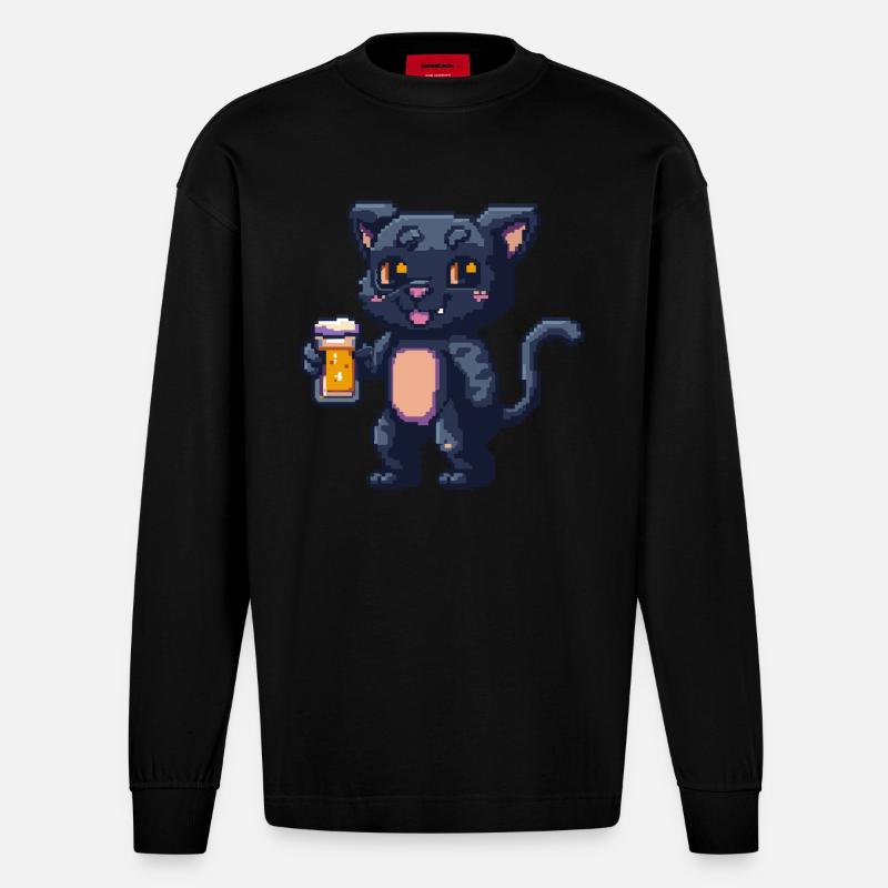 Panther Pixel Bier - Heavyweight Oversized Organic Langarmshirt Made in EU - SOLID BLACK