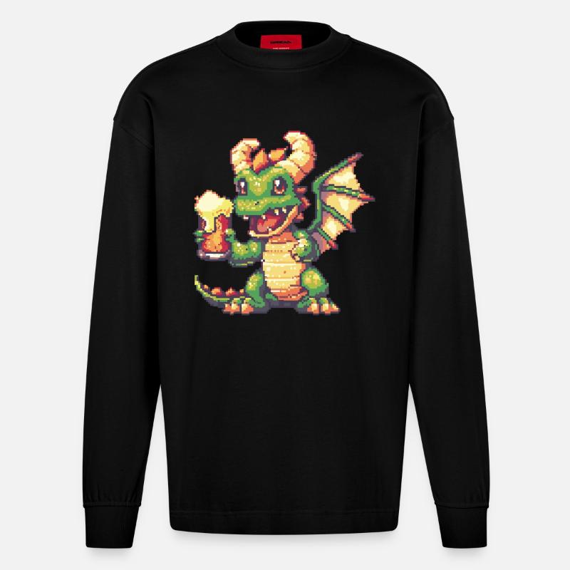 Drache Pixel Bier - Heavyweight Oversized Organic Langarmshirt Made in EU - SOLID BLACK