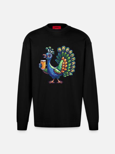 Bière Peacock Bird Pixel - Manches longues bio épais oversize fabriqué en UE - SOLID BLACK