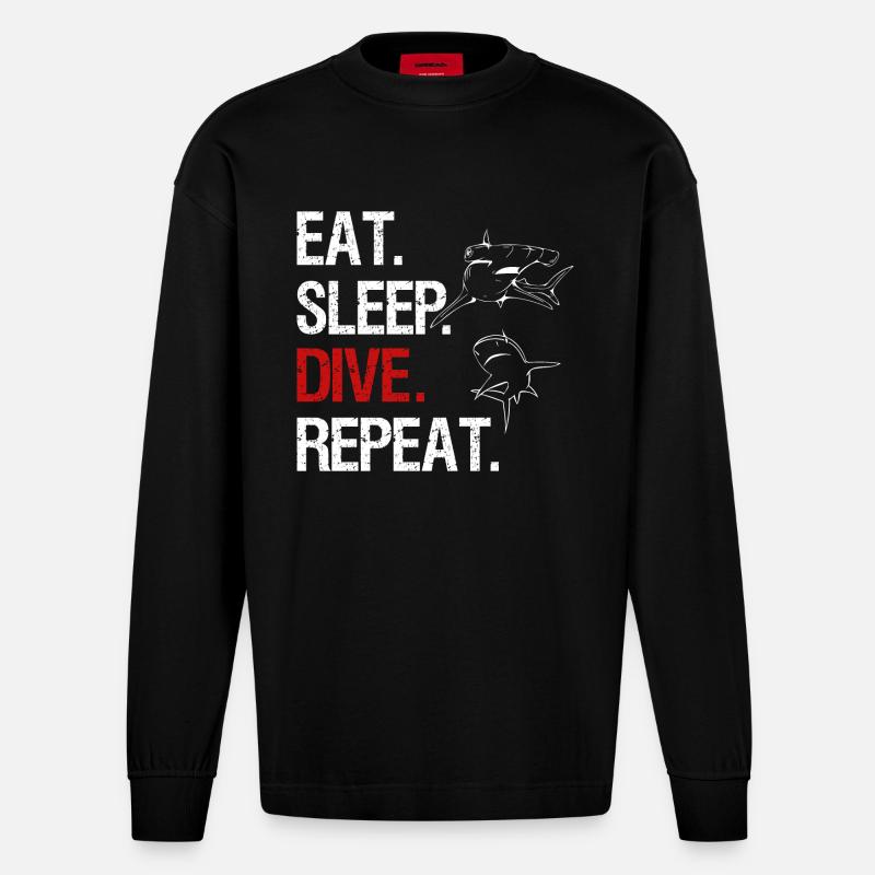 Eat Sleep Dive Repeat - Hammerhai - Heavyweight Oversized Organic Langarmshirt Made in EU - SOLID BLACK