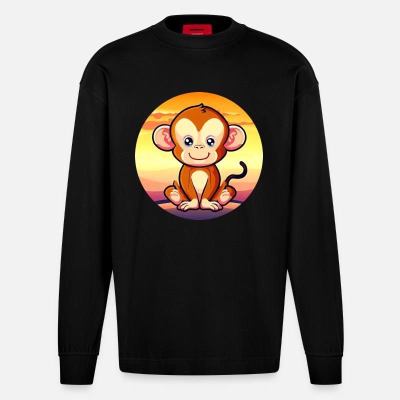 Mignon Singe Chimpanzé Sunset Design - Manches longues bio épais oversize fabriqué en UE - SOLID BLACK