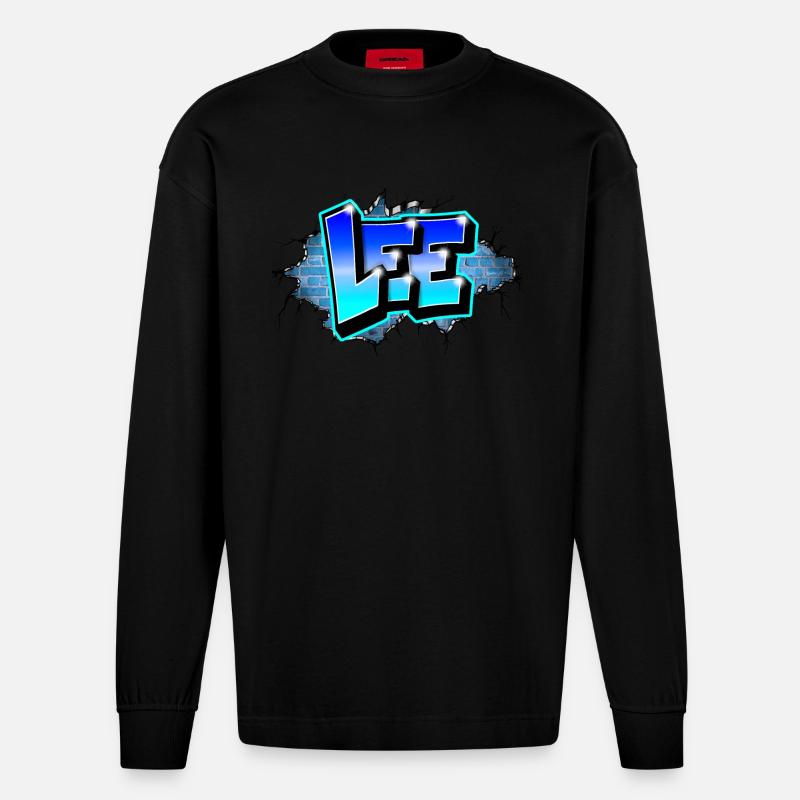 Graffiti LEE Blue Brick Risse - Heavyweight Oversized Organic Langarmshirt Made in EU - SOLID BLACK