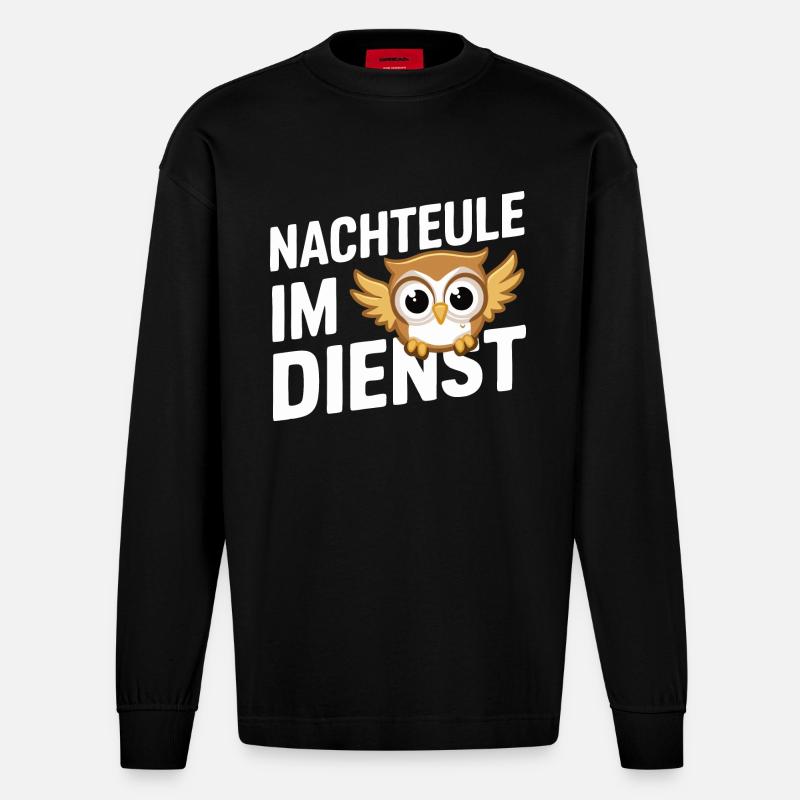 Nachteule Eule Eulen Vogel - Heavyweight Oversized Organic Langarmshirt Made in EU - SOLID BLACK