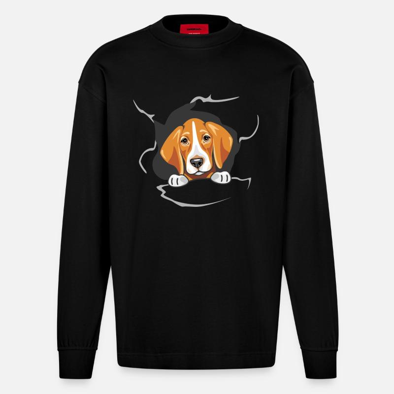 Foxhound guckt durch zerrissenes Papier - Heavyweight Oversized Organic Langarmshirt Made in EU - SOLID BLACK