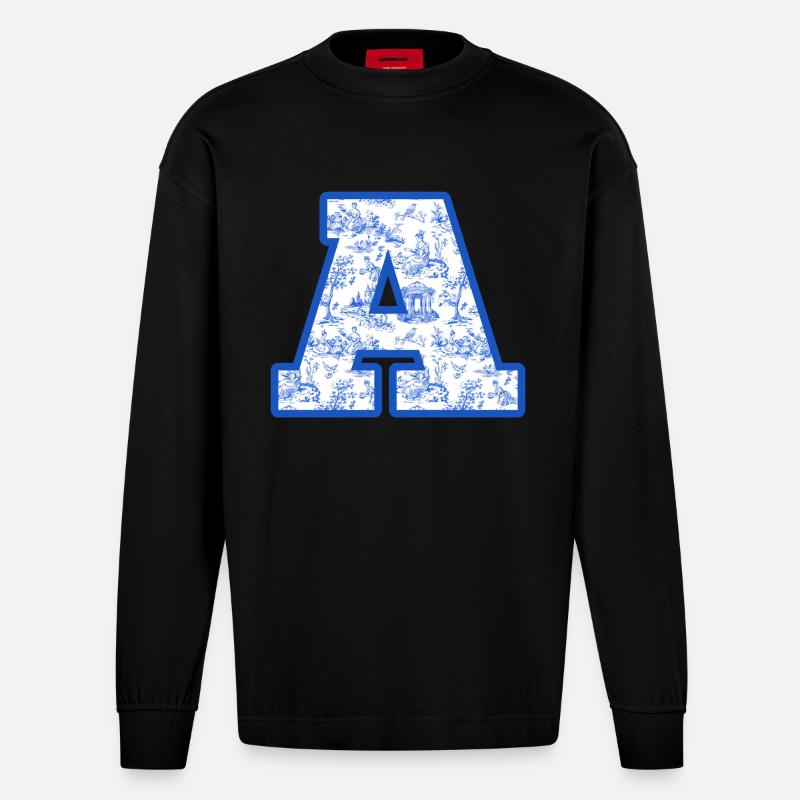 Buchstabe A blaue Chinoiserie - Heavyweight Oversized Organic Langarmshirt Made in EU - SOLID BLACK