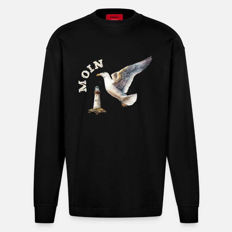 Moin Möwe maritim mit Leuchtturm - Heavyweight Oversized Organic Langarmshirt Made in EU - SOLID BLACK