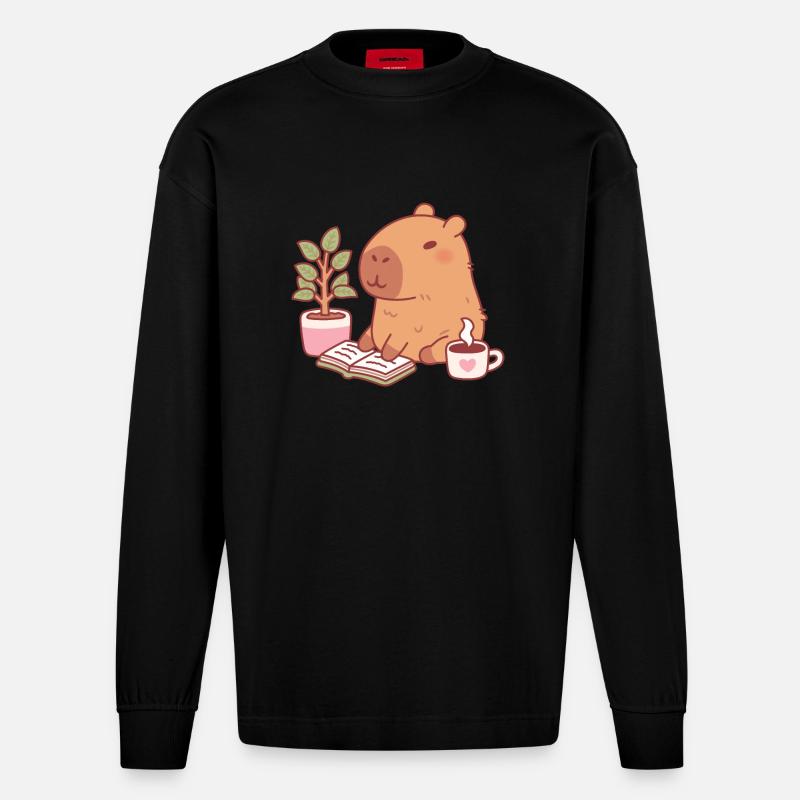 Süßes Capybara Genießt Eine Gute Lektüre Und Kaffee - Heavyweight Oversized Organic Langarmshirt Made in EU - SOLID BLACK