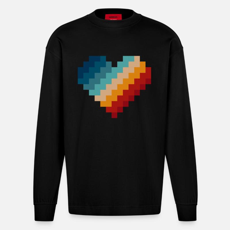 Retro Pixel Herz - Heavyweight Oversized Organic Langarmshirt Made in EU - SOLID BLACK