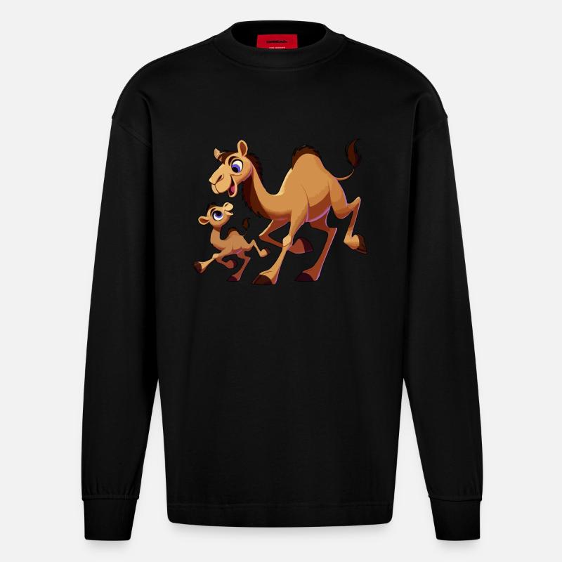 Kamelmutter mit herumtollendem Kind - Heavyweight Oversized Organic Langarmshirt Made in EU - SOLID BLACK