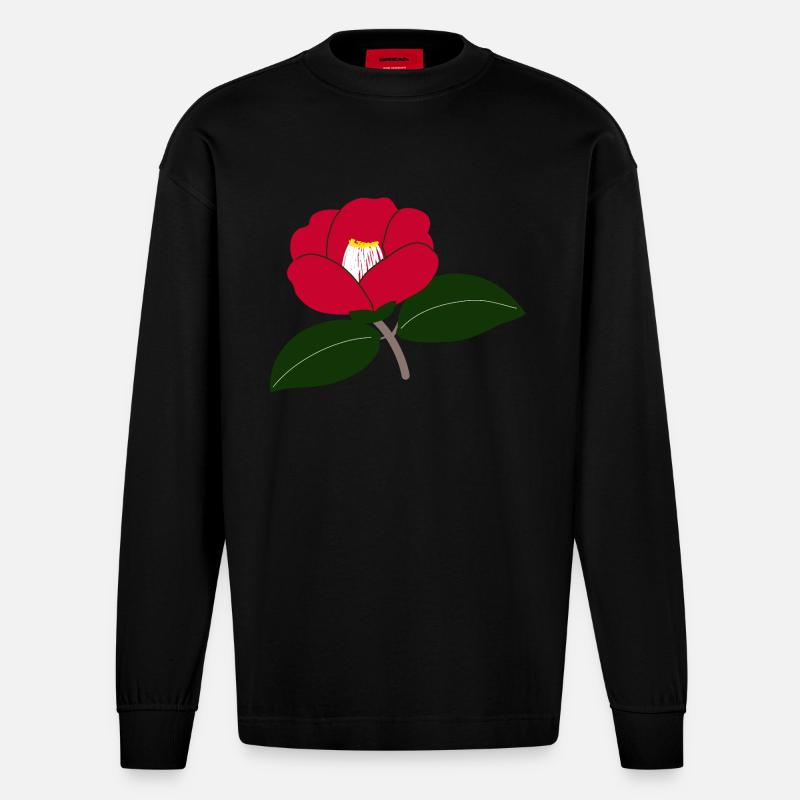 Rote Kamelienblüte Illustration2 - Heavyweight Oversized Organic Langarmshirt Made in EU - SOLID BLACK