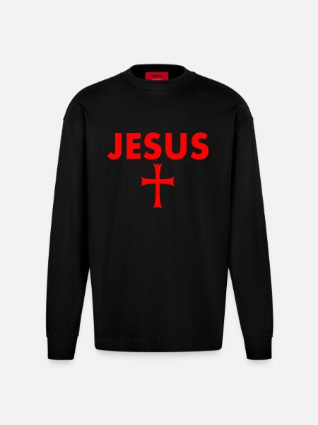 Jesus Cross - Heavyweight Oversized Organic Longsleeve Shirt Made in EU - SOLID BLACK