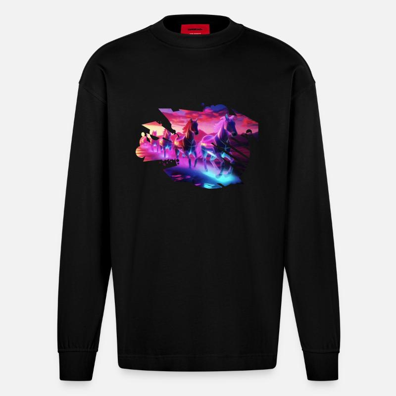 Elektrische Herde - Synthwave Horses - Heavyweight Oversized Organic Langarmshirt Made in EU - SOLID BLACK