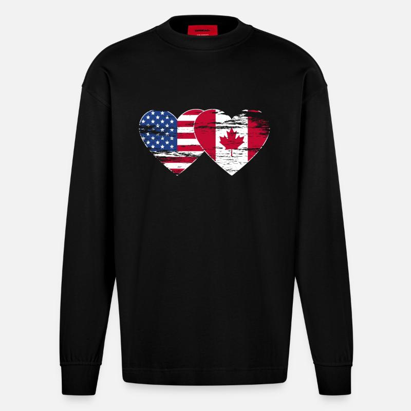 États-Unis, Canada, Drapeau Coeur Utilisé - Manches longues bio épais oversize fabriqué en UE - SOLID BLACK