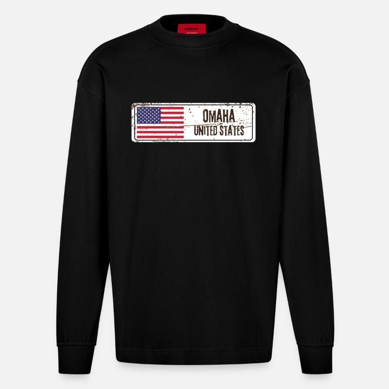 Omaha Drapeau des États-Unis - Manches longues bio épais oversize fabriqué en UE - SOLID BLACK