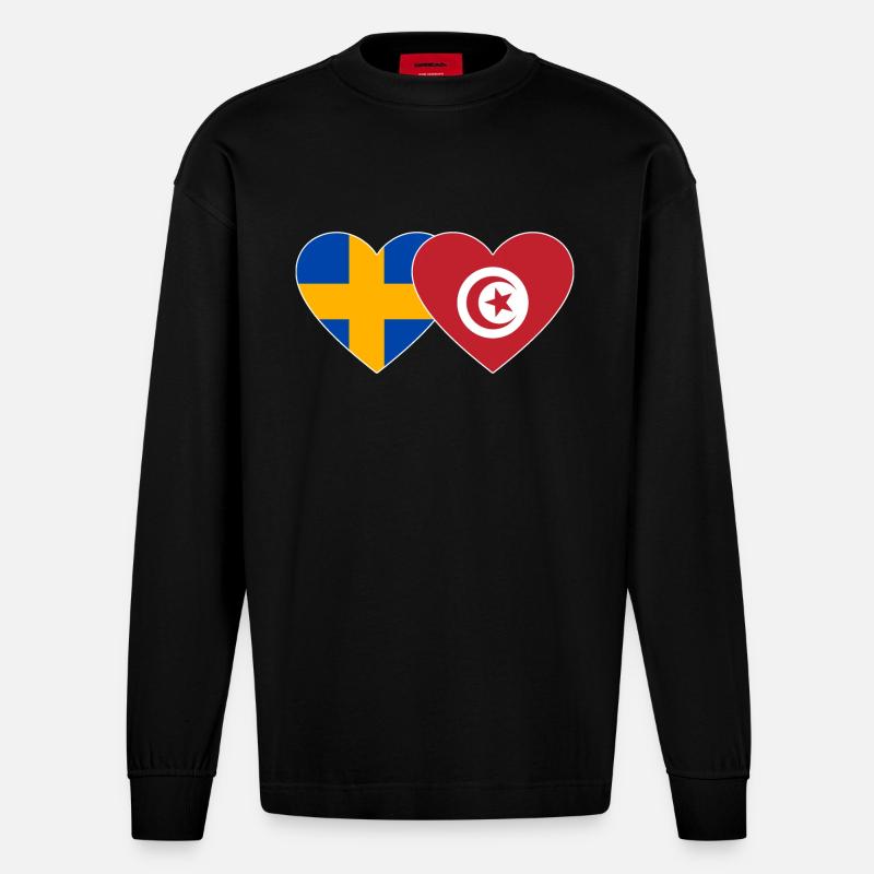 Suède Tunisie Drapeau Coeur - Manches longues bio épais oversize fabriqué en UE - SOLID BLACK