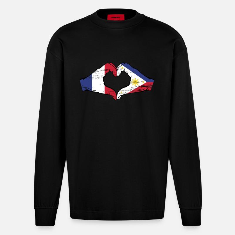 France Philippines Drapeau Mains Coeur Forme Utilisé - Manches longues bio épais oversize fabriqué en UE - SOLID BLACK