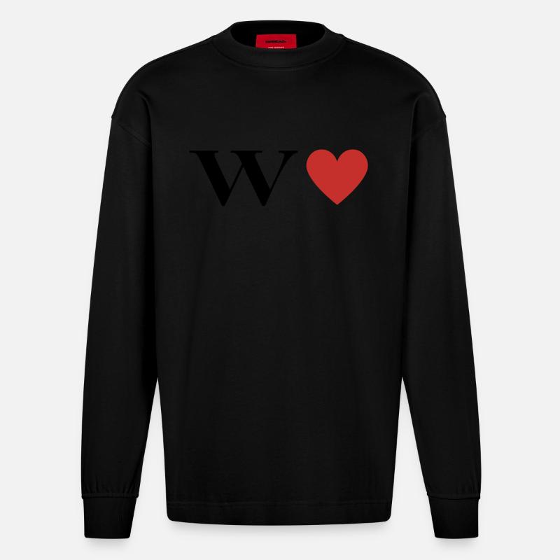 Buchstabe w Rotes Herz - Heavyweight Oversized Organic Langarmshirt Made in EU - SOLID BLACK