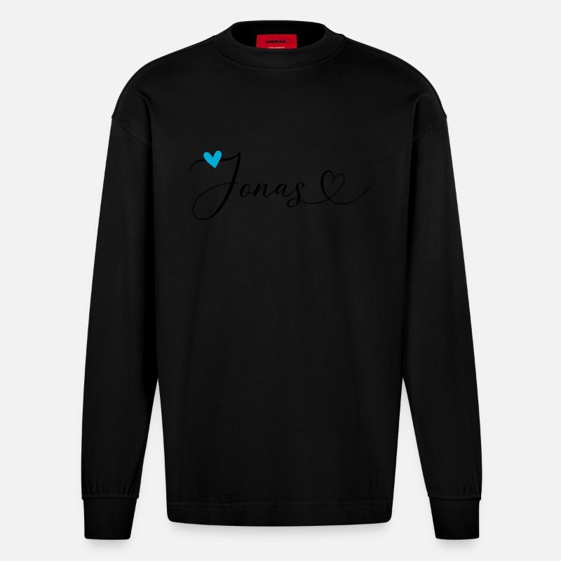 Jonas Nom Prénom Calligraphie Coeur - Manches longues bio épais oversize fabriqué en UE - SOLID BLACK