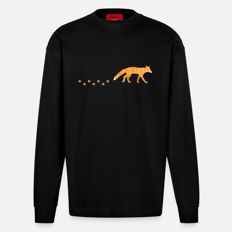 Polygonal Fox with Footprints - Heavyweight Oversized Organic Langarmshirt Made in EU - SOLID BLACK