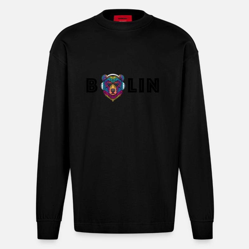 Berlin Bär mit Kopfhörer - Heavyweight Oversized Organic Langarmshirt Made in EU - SOLID BLACK