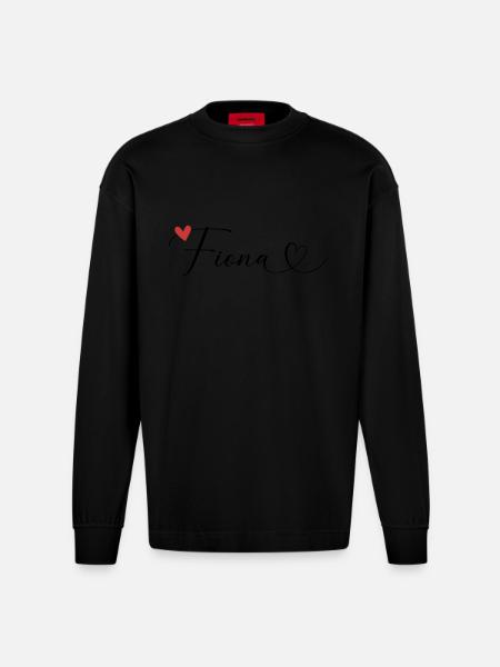 Fiona Nom Prénom Calligraphie coeur - Manches longues bio épais oversize fabriqué en UE - SOLID BLACK