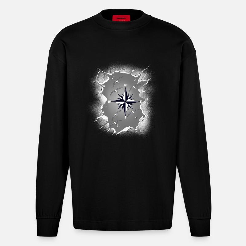 Möwen Möwe Kompass maritim - Heavyweight Oversized Organic Langarmshirt Made in EU - SOLID BLACK