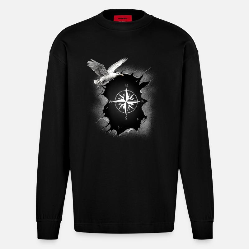 maritim Möwe Kompass Möwen Windrose - Heavyweight Oversized Organic Langarmshirt Made in EU - SOLID BLACK