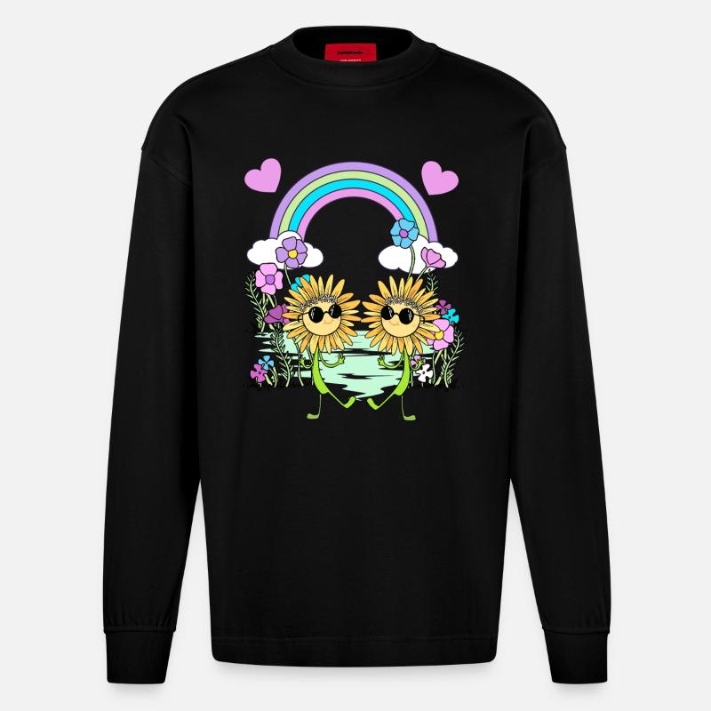 Regenbogen Hippie Sonnenblumen Kinder - Heavyweight Oversized Organic Langarmshirt Made in EU - SOLID BLACK