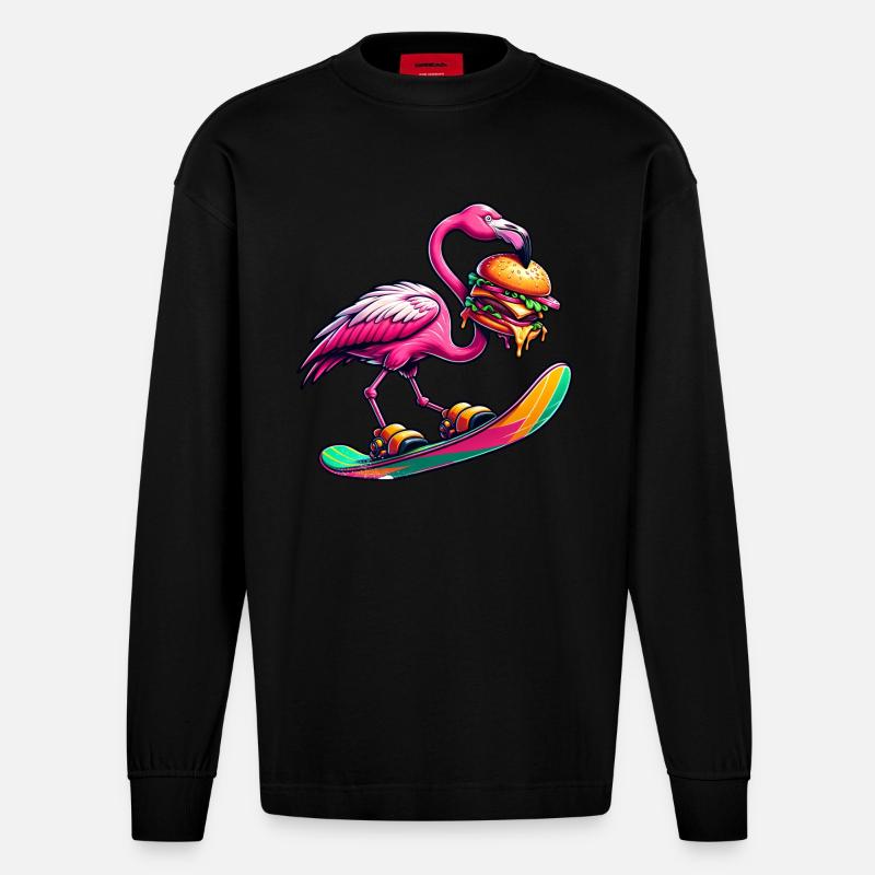 Flamingo Snowboarder mit Burger - Heavyweight Oversized Organic Langarmshirt Made in EU - SOLID BLACK