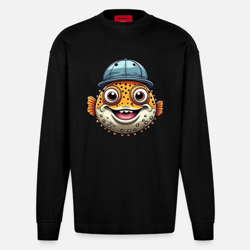 Cooler Kugelfisch mit Basecap - Heavyweight Oversized Organic Langarmshirt Made in EU - SOLID BLACK