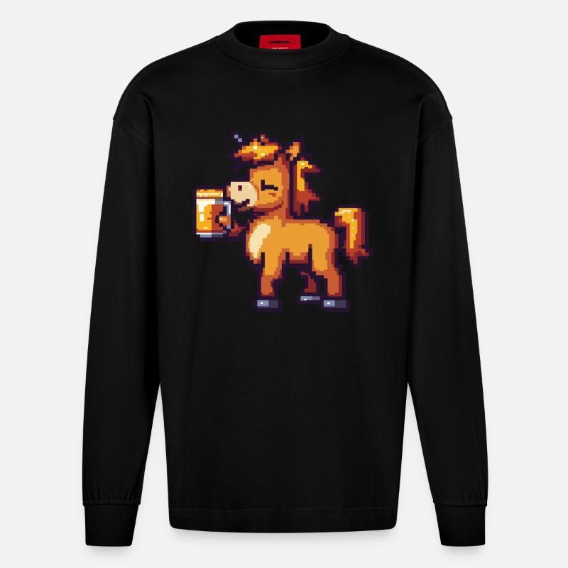 Pferd Pixel Bier - Heavyweight Oversized Organic Langarmshirt Made in EU - SOLID BLACK