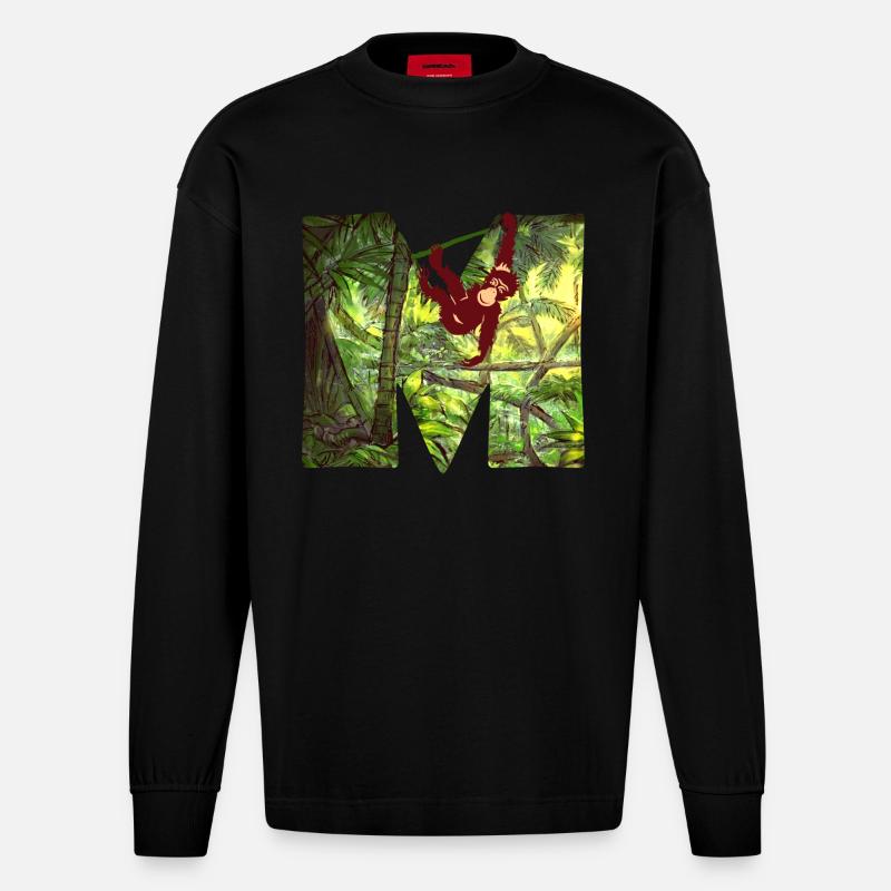dschungel mit affe m - Heavyweight Oversized Organic Langarmshirt Made in EU - SOLID BLACK