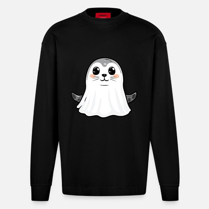 Robbe Tier Halloween Comic Geist - Heavyweight Oversized Organic Langarmshirt Made in EU - SOLID BLACK