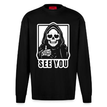 Funny Grim Reaper "See You" - Heavyweight Oversized Organic Longsleeve Shirt Made in EU - SOLID BLACK - Front