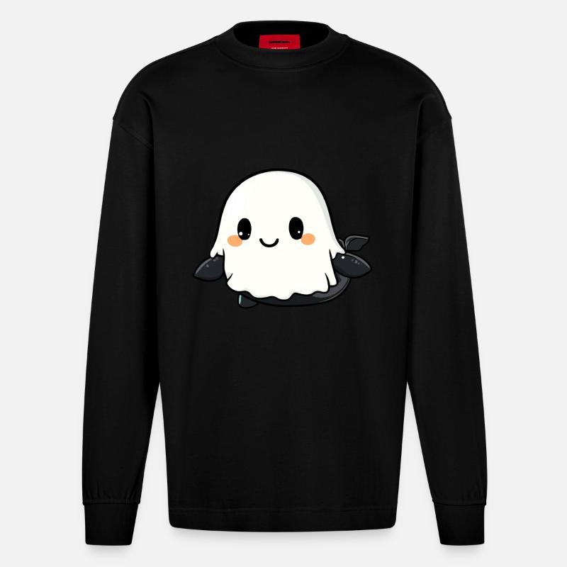 Whale Halloween Comic Ghost - Heavyweight Oversized Organic Longsleeve Shirt Made in EU - SOLID BLACK