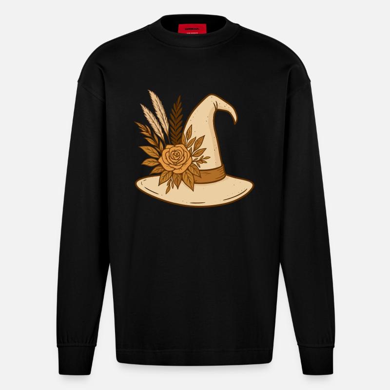 Chapeau de sorcière boho avec rose – Witchy Halloween Design - Manches longues bio épais oversize fabriqué en UE - SOLID BLACK