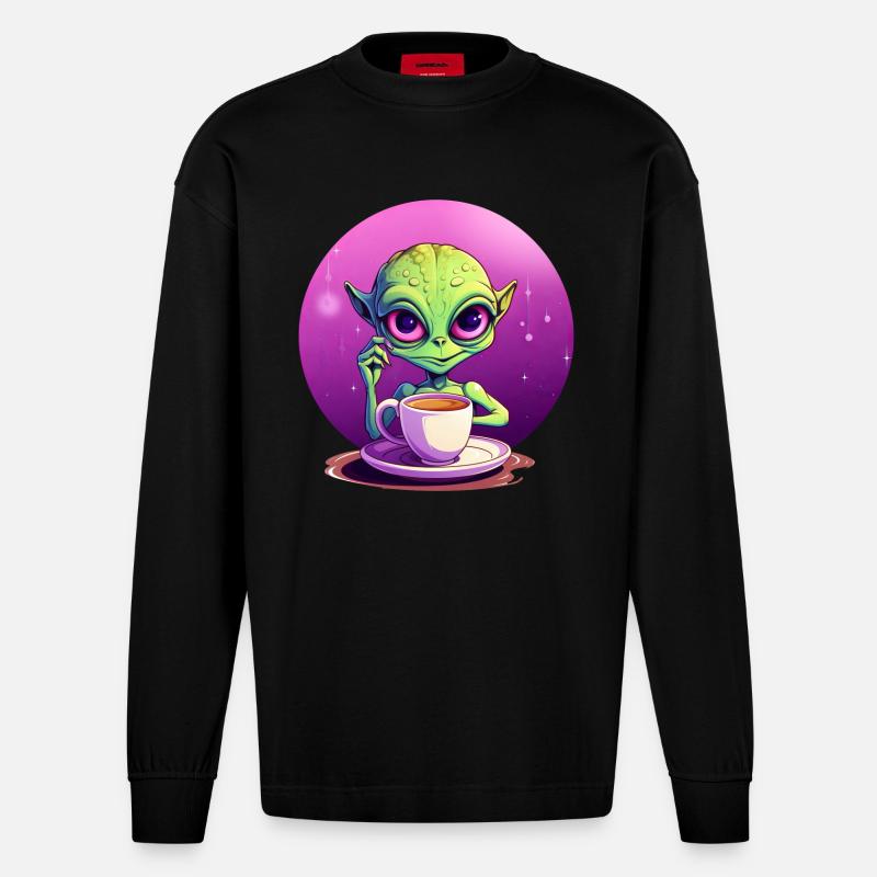 Mitternachts-Kaffee: Der grüne Alien-Trinker - Heavyweight Oversized Organic Langarmshirt Made in EU - SOLID BLACK