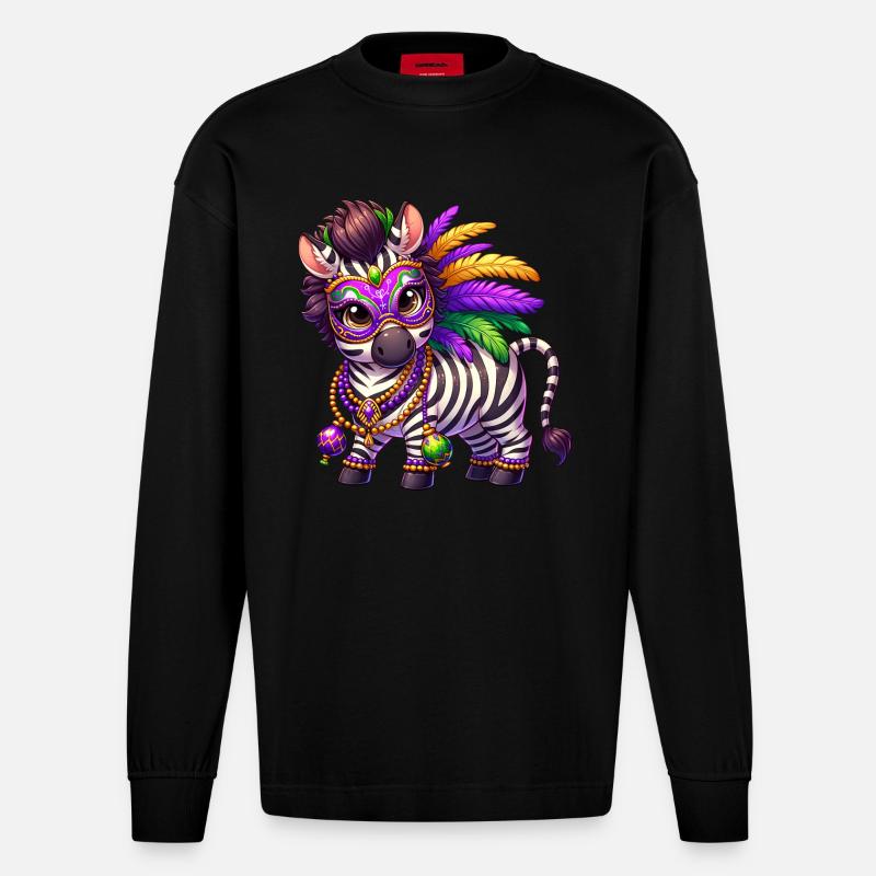 Mardi Gras Zebra Comic Süß - Heavyweight Oversized Organic Langarmshirt Made in EU - SOLID BLACK