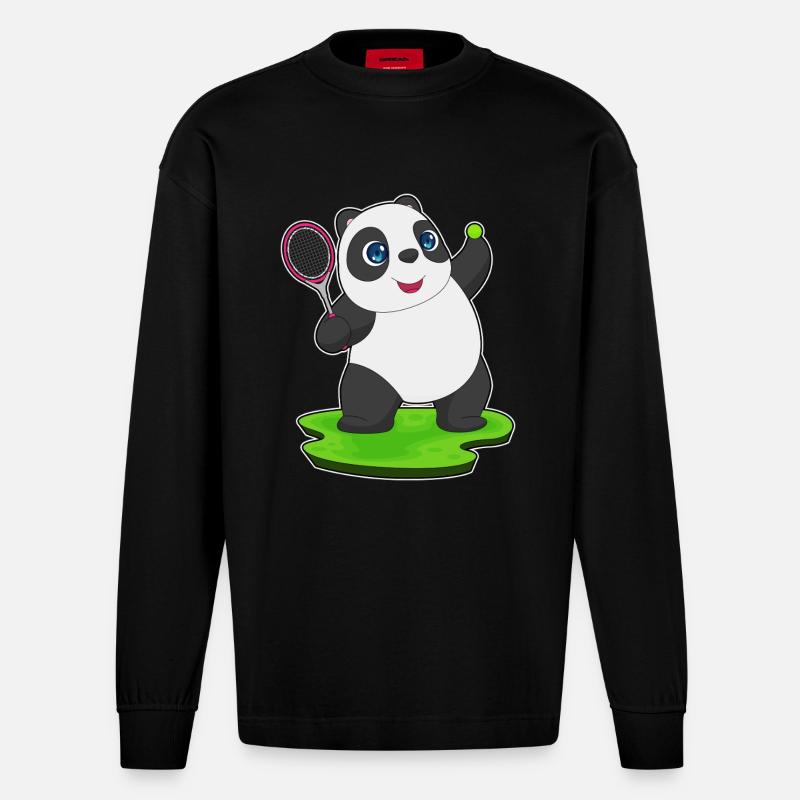 Panda Tennis Racket - Heavyweight Oversized Organic Longsleeve Shirt Made in EU - SOLID BLACK