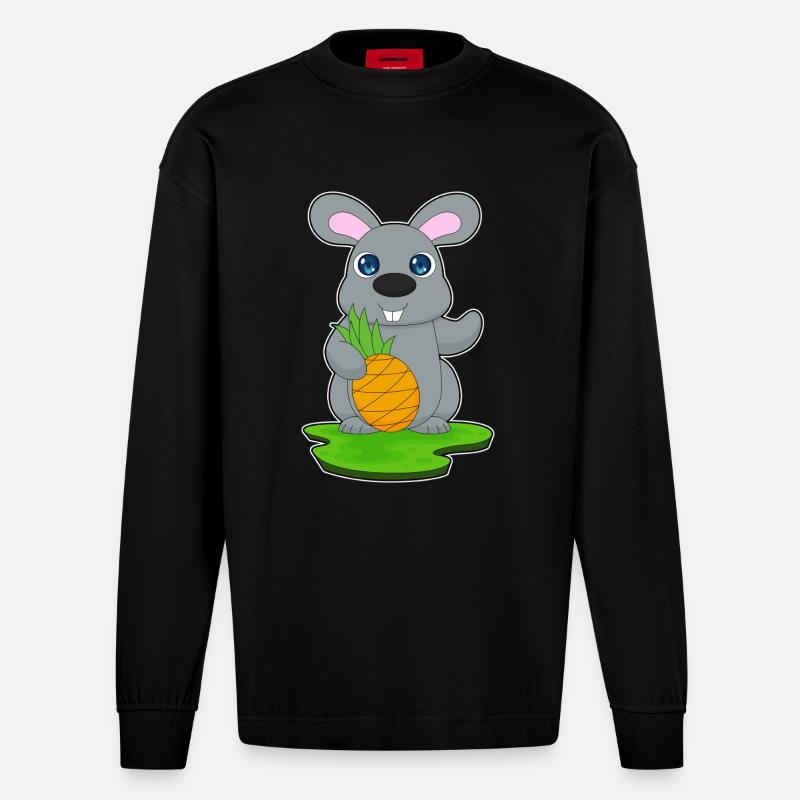 Bunny Pineapple Fruit - Heavyweight Oversized Organic Longsleeve Shirt Made in EU - SOLID BLACK