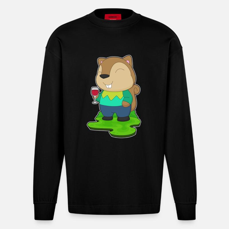 Squirrel Red Wine - Heavyweight Oversized Organic Longsleeve Shirt Made in EU - SOLID BLACK